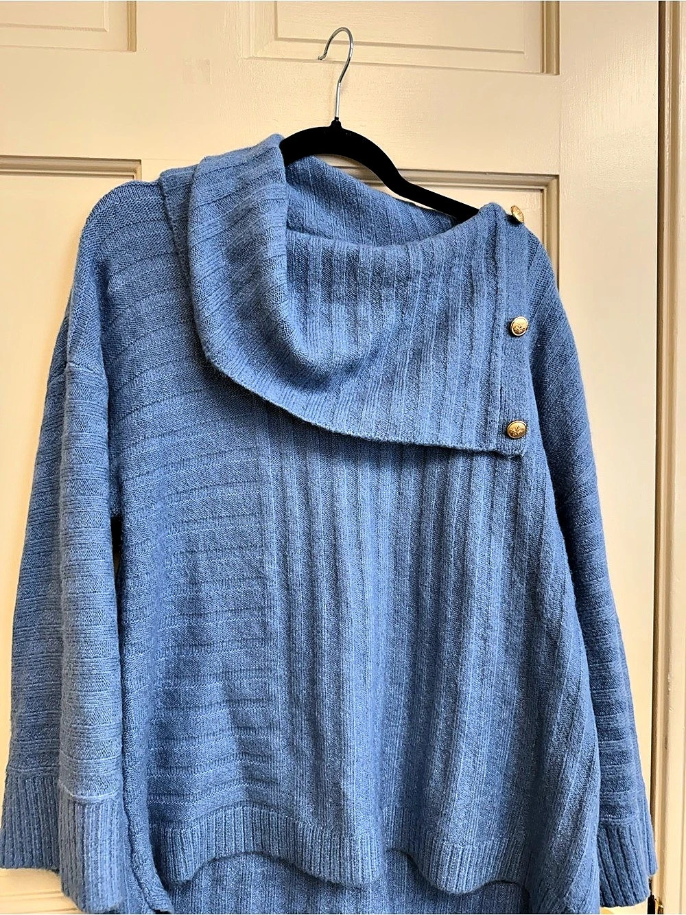 Rafaella Long Sleeve Split Cowl Neck Solid Sweater Blue Large